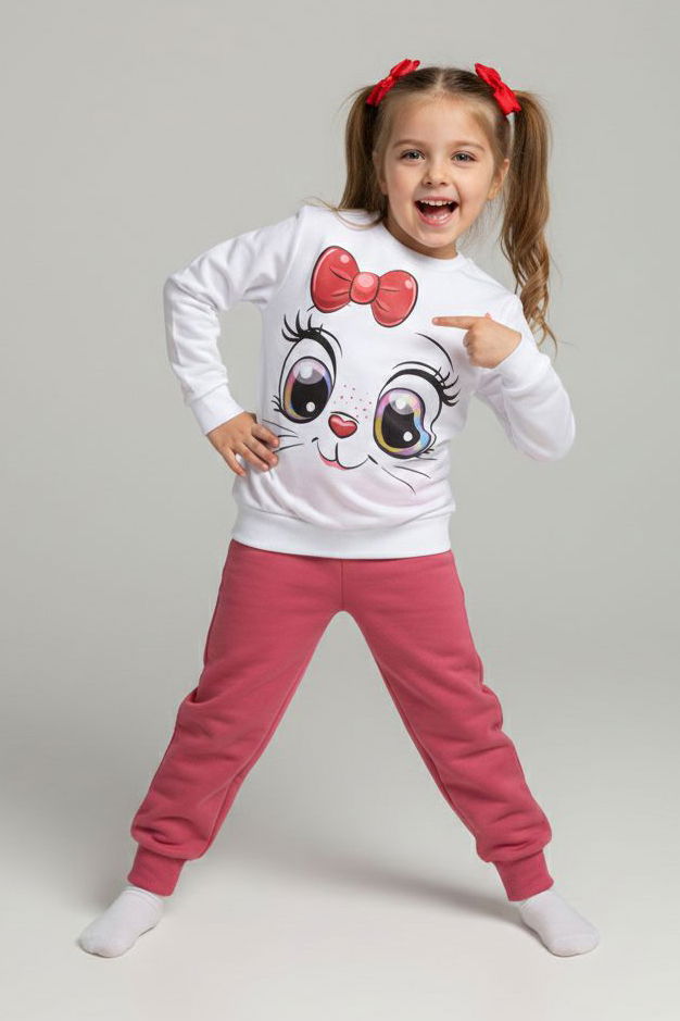 Kız Çocuk Gul Kurusu Baskılı İki İplik Çocuk Pijama Takımı - 28275-GUL-KURUSU - 1