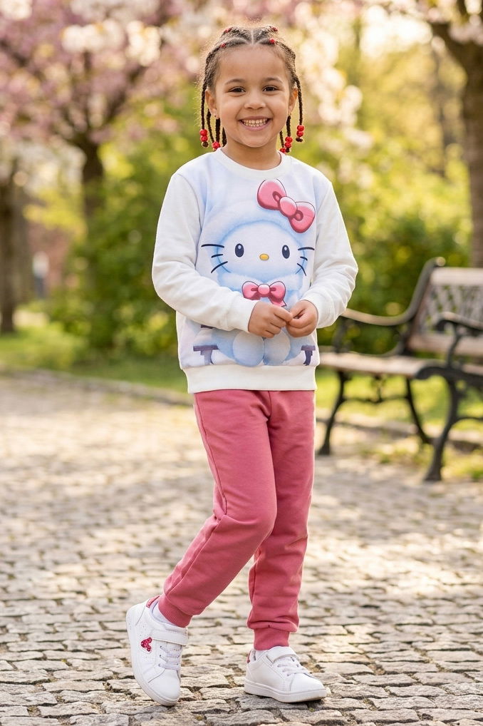 Kız Çocuk Gul Kurusu Baskılı İki İplik Çocuk Pijama Takımı - 28347-GUL-KURUSU - 1