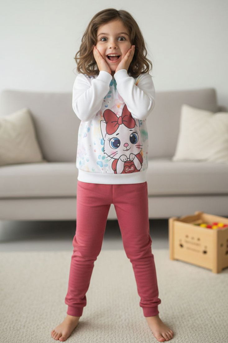 Kız Çocuk Gul Kurusu Baskılı Şardonlu Pijama Takımı - 28236-GUL-KURUSU - 1