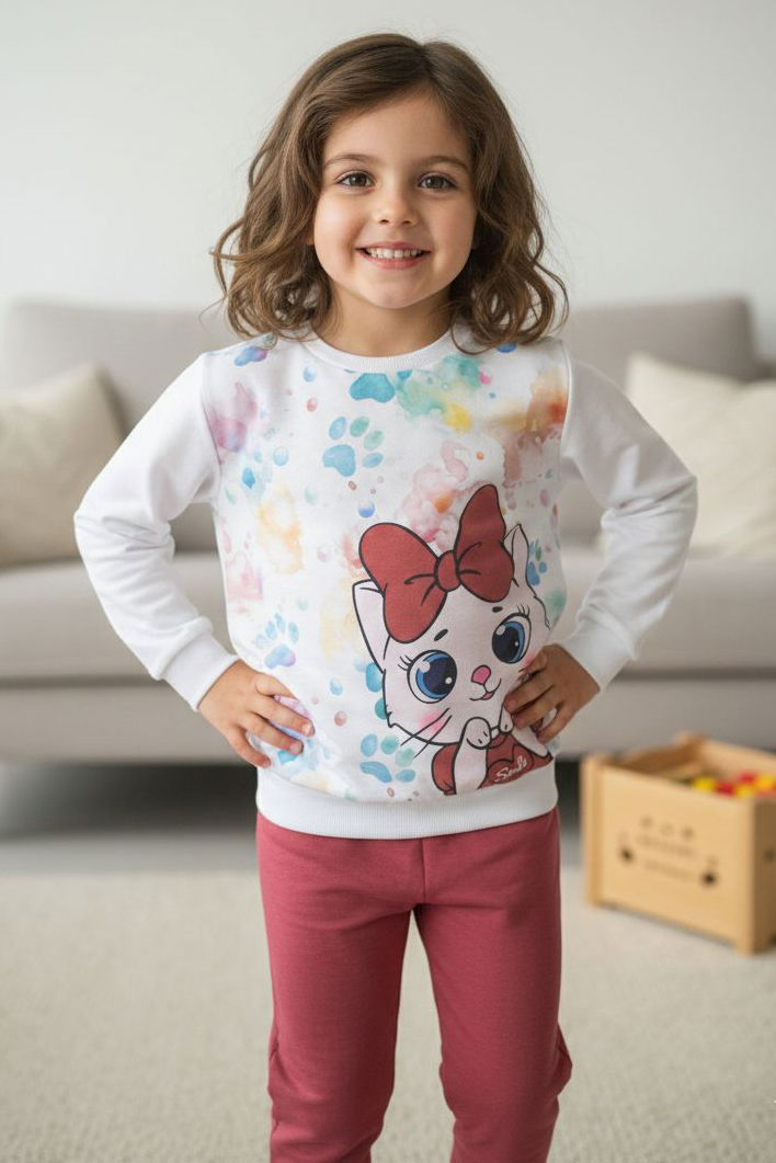 Kız Çocuk Gul Kurusu Baskılı Şardonlu Pijama Takımı - 28236-GUL-KURUSU - 2