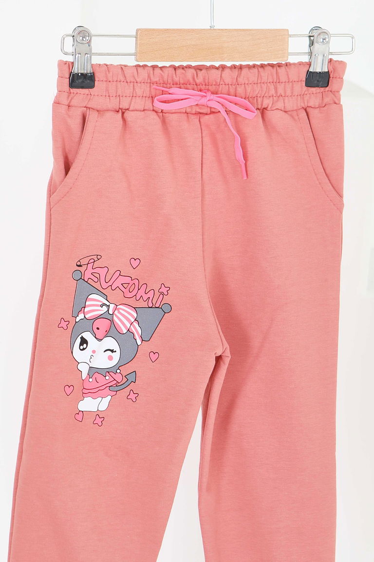 Kız Çocuk Gul Kurusu Beli Lastikli Baskılı Penye Eşofman Altı - 27687 - TOFİSA