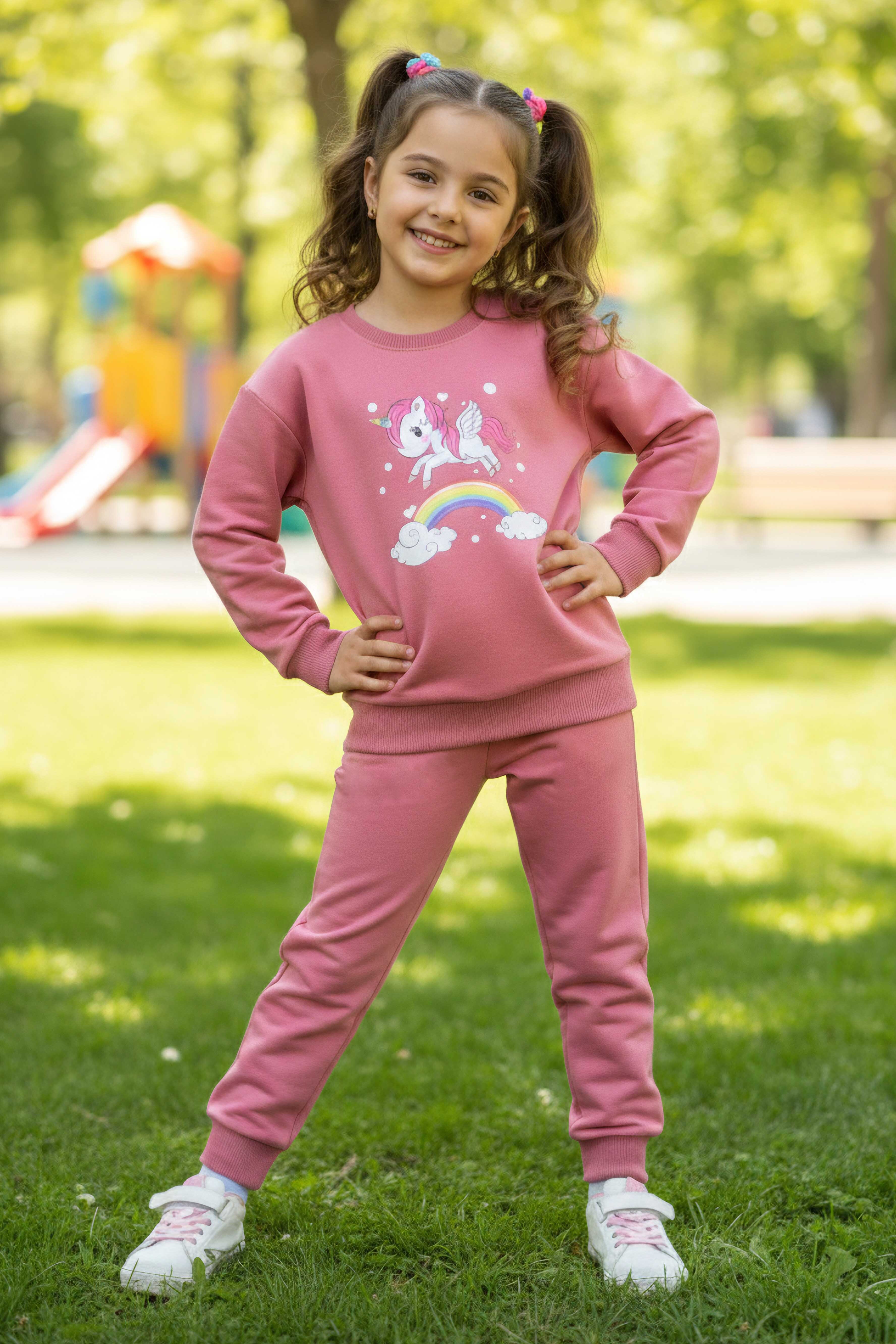 Kız Çocuk Gul Kurusu Gök Kuşağı Baskılı İki İplik Takım - 28290-GUL-KURUSU - 1