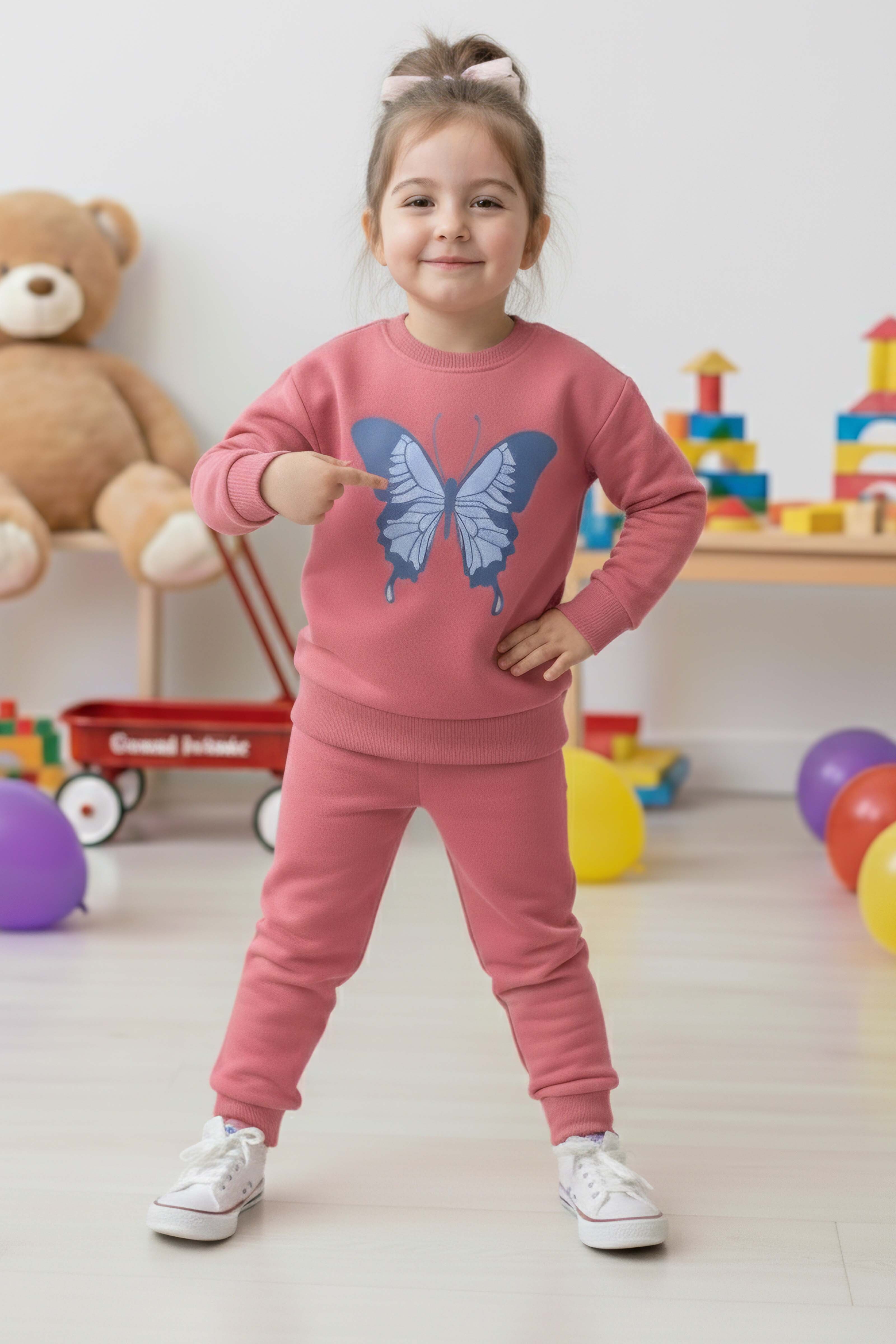 Kız Çocuk Gul Kurusu Kelebek Baskılı İki İplik Takım - 28289-GUL-KURUSU - 1