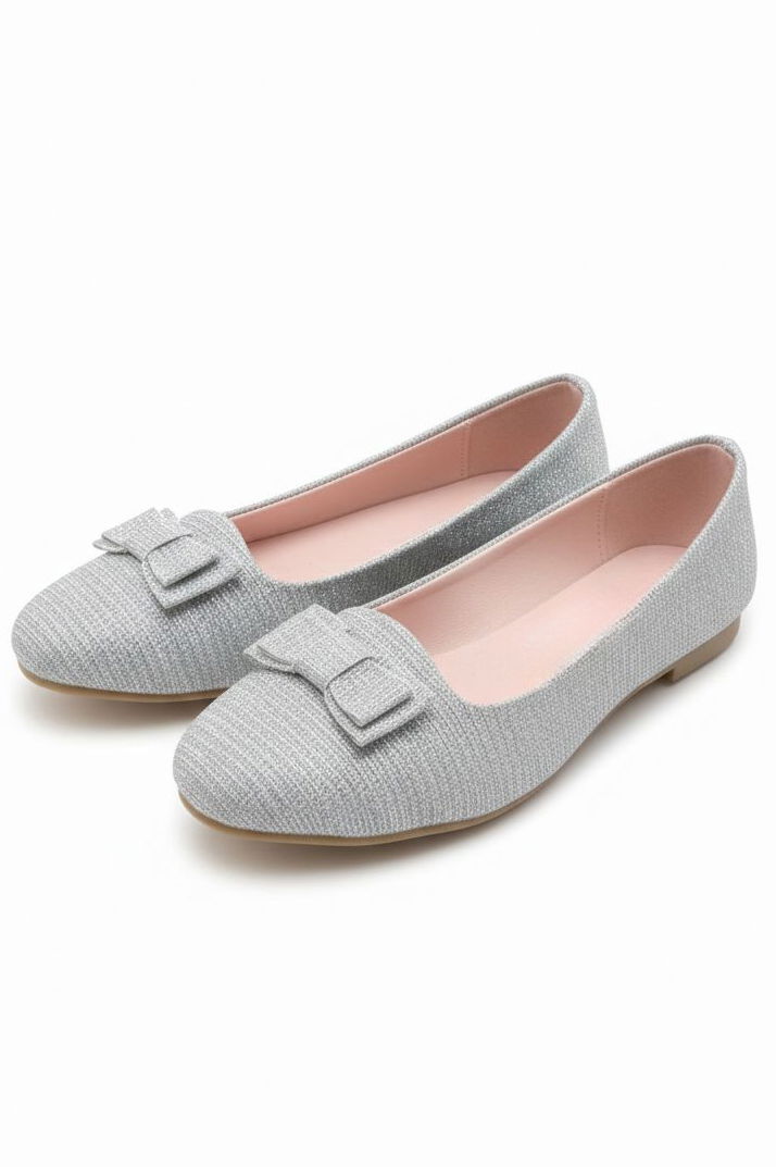 Kız Çocuk Gümüş Fiyonk Detaylı Simli Babet - 28196-GUMUS - 2