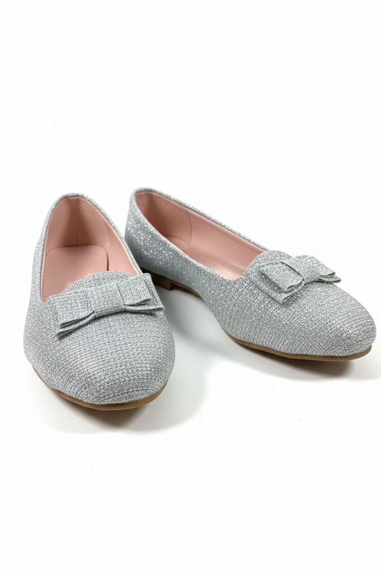 Kız Çocuk Gümüş Fiyonk Detaylı Simli Babet - 28196-GUMUS - TOFİSA