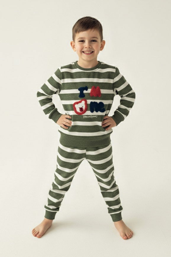 Erkek Çocuk Haki Çizgili Nakışlı İki İplik İkili Takım - 27977-HAKI