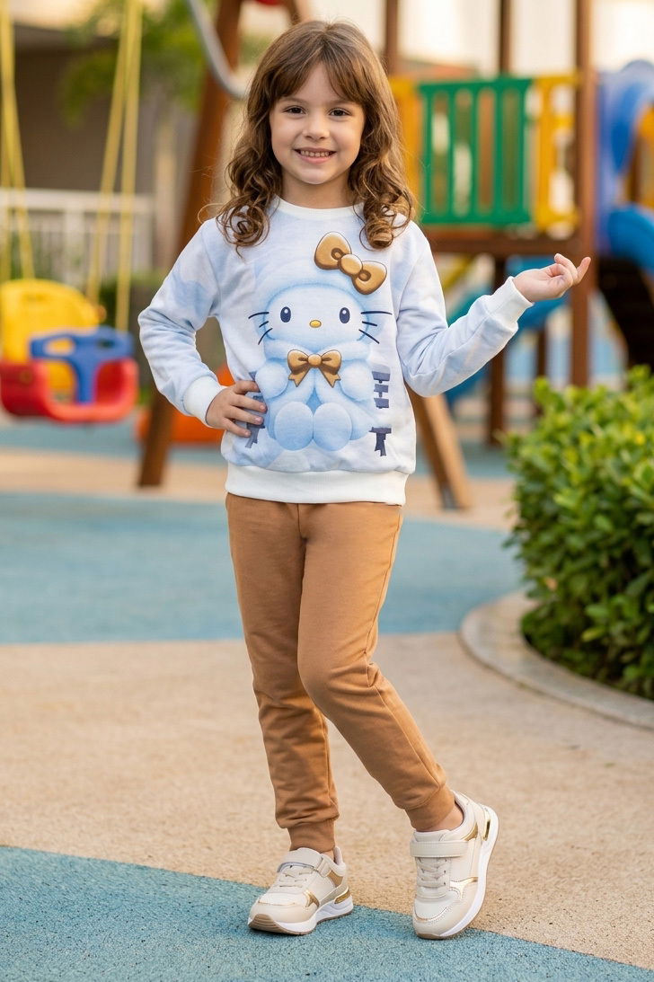 Kız Çocuk Kahve Baskılı İki İplik Çocuk Pijama Takımı - 28347-KAHVE - 1