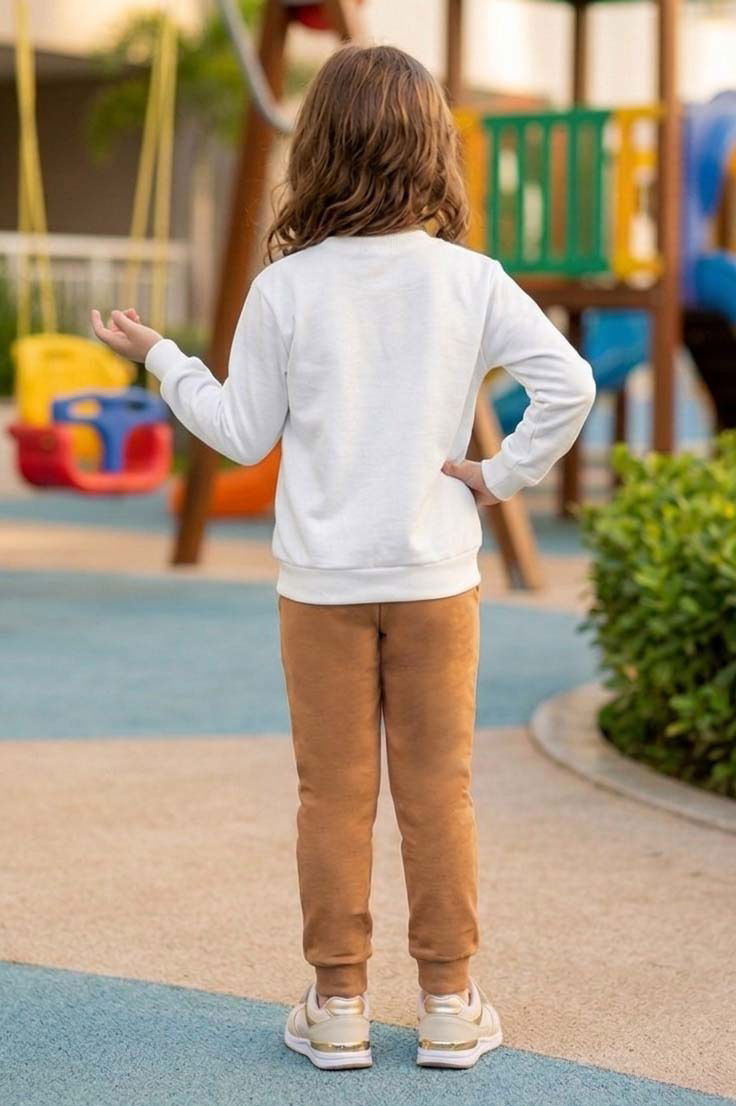 Kız Çocuk Kahve Baskılı İki İplik Çocuk Pijama Takımı - 28347-KAHVE - 2