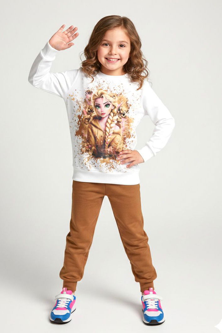 Kız Çocuk Kahve Baskılı Pijama Takımı - 28165-KAHVE - 1