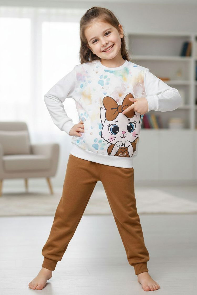 Kız Çocuk Kahve Baskılı Şardonlu Pijama Takımı - 28236-KAHVE - 1