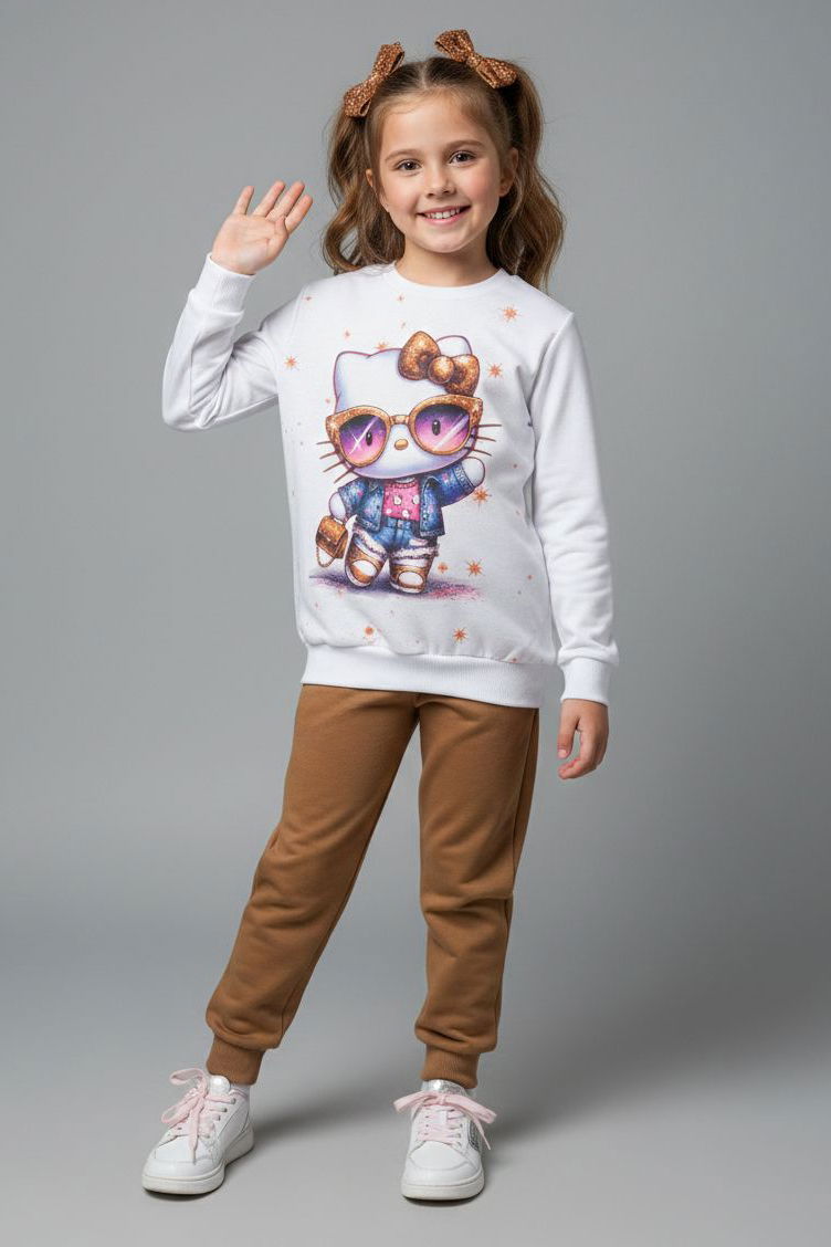 Kız Çocuk Kahve Baskılı Şardonlu Pijama Takımı - 28237-KAHVE - 1