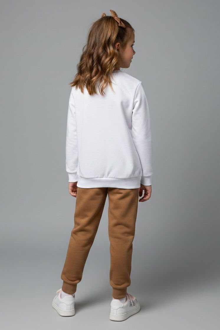 Kız Çocuk Kahve Baskılı Şardonlu Pijama Takımı - 28237-KAHVE - 2