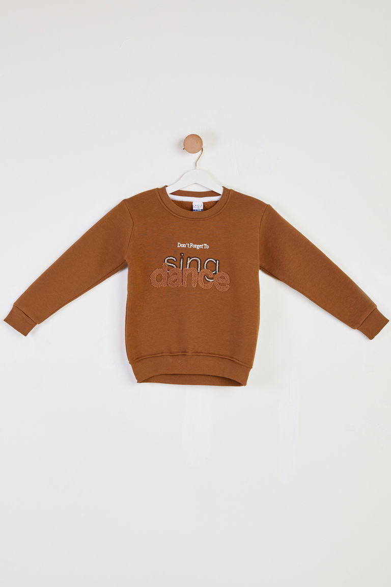 Kız Çocuk Kahve Nakışlı Sweatshirt - 26457 - TOFİSA