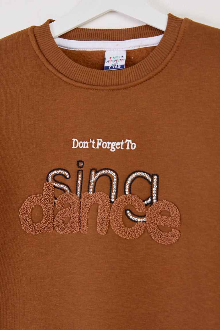 Kız Çocuk Kahve Nakışlı Sweatshirt - 26457 - TOFİSA