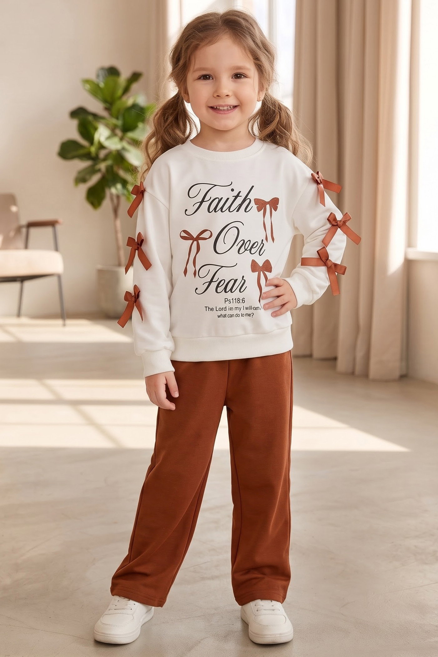 Kız Çocuk Kiremit Basklı Fiyonklu İkilim Takım - 29331-KIREMIT - 1