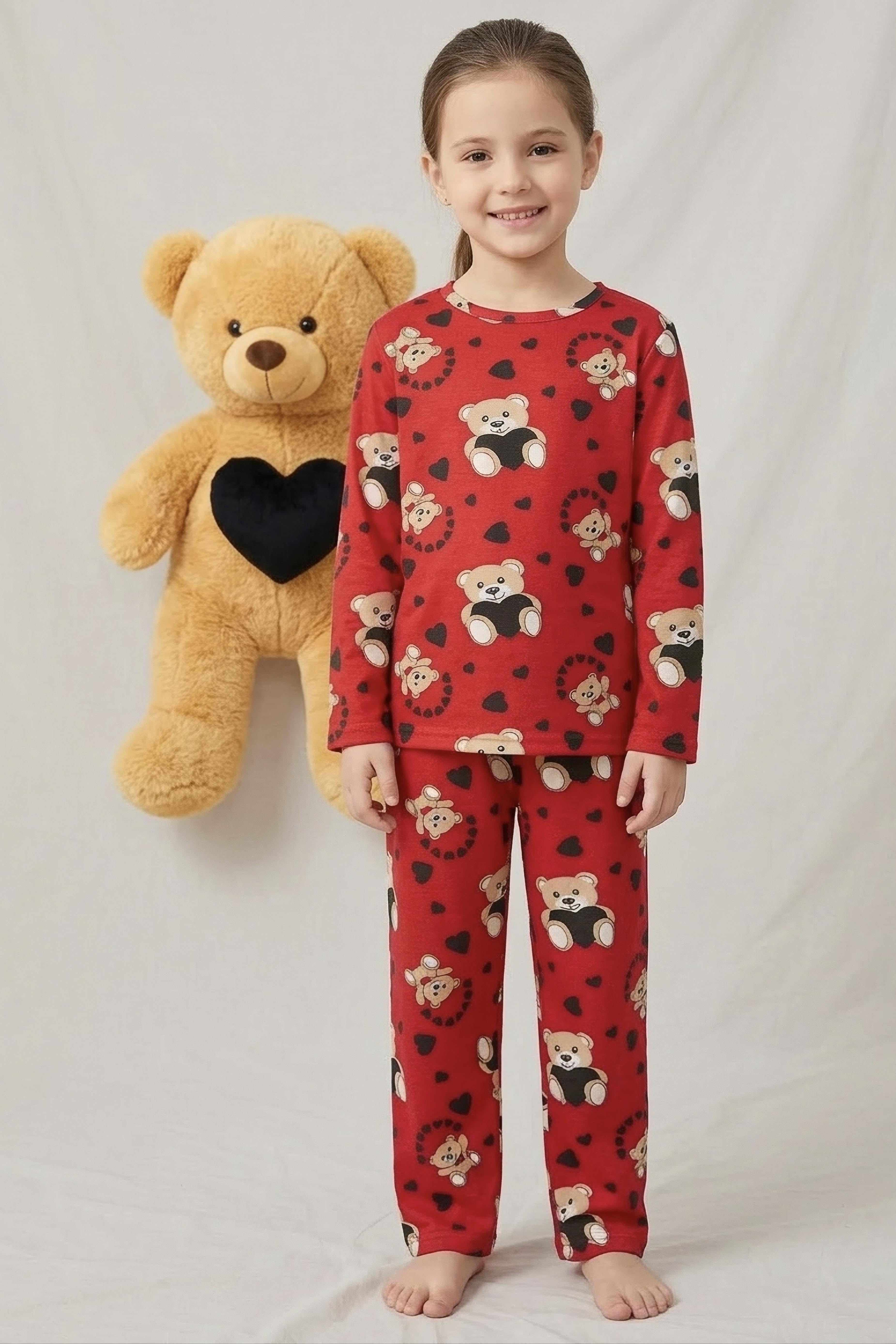 Kız Çocuk Kirmizi Ayıcık Basklı Süet Pijama Takımı - 28344-KIRMIZI - 2