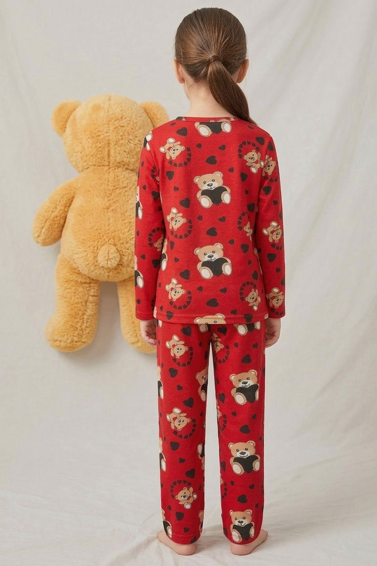 Kız Çocuk Kirmizi Ayıcık Basklı Süet Pijama Takımı - 28344-KIRMIZI - 3