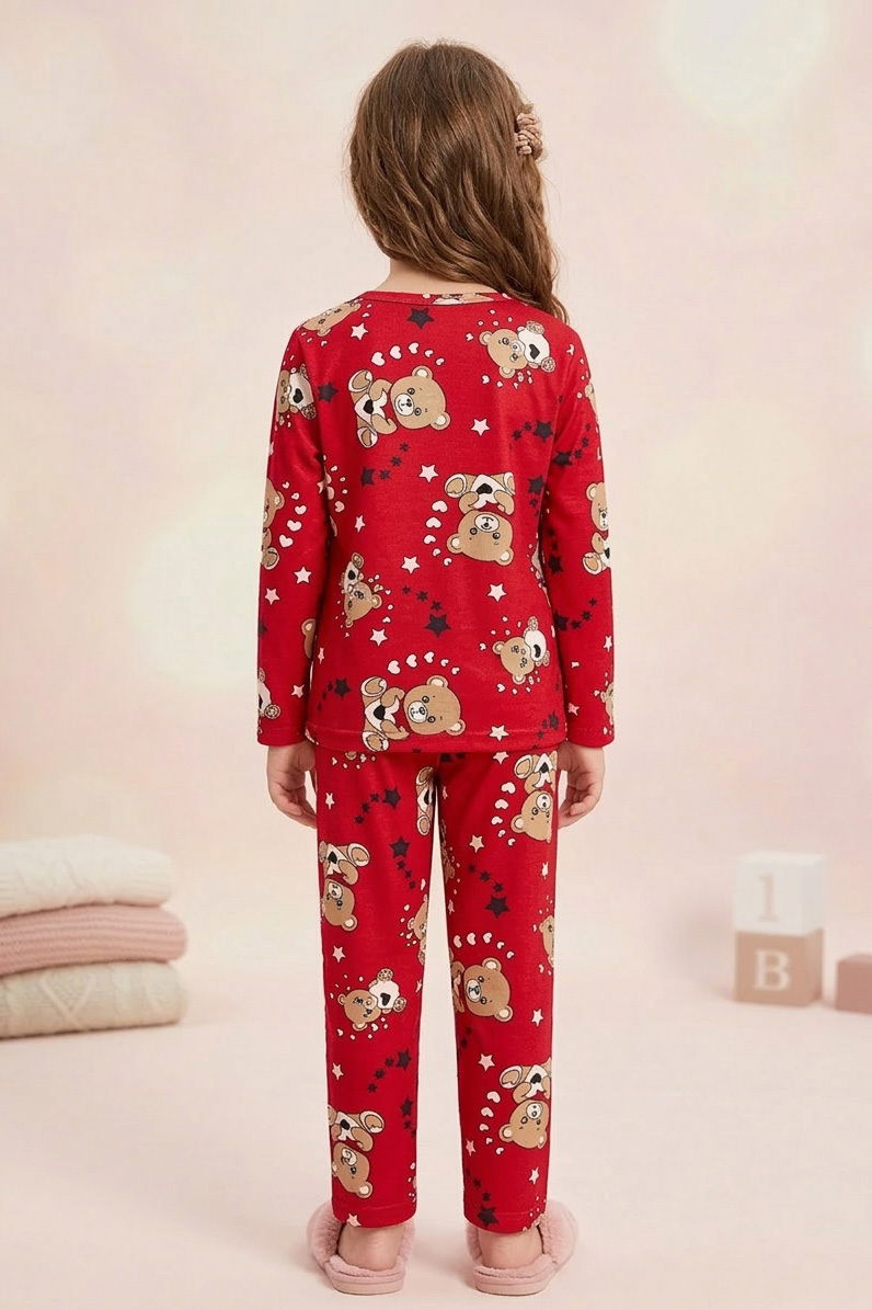 Kız Çocuk Kirmizi Ayıcık Basklı Süet Pijama Takımı - 28345-KIRMIZI - 2