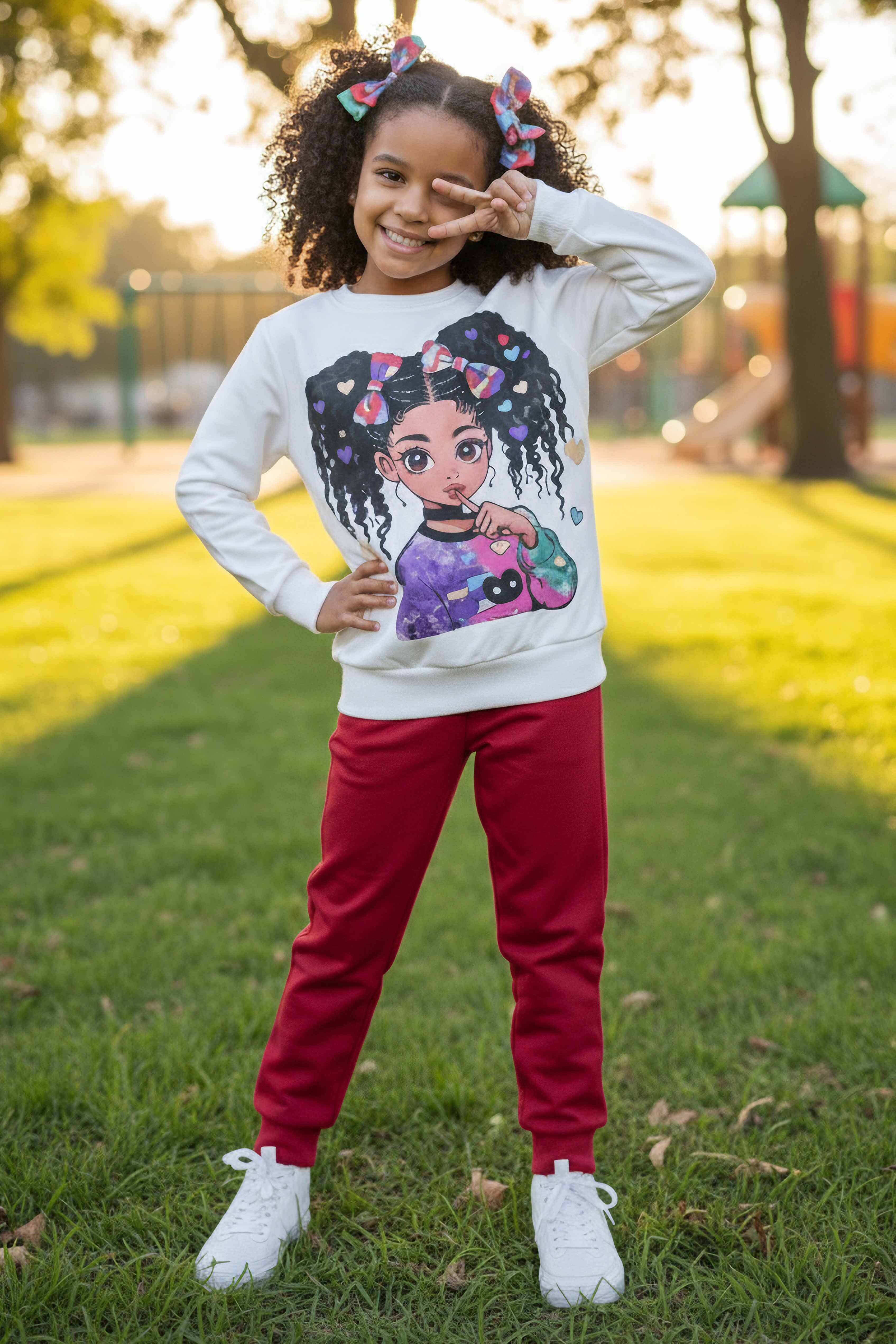 Kız Çocuk Kirmizi Baskılı Pijama Takımı - 28108-KIRMIZI - 1