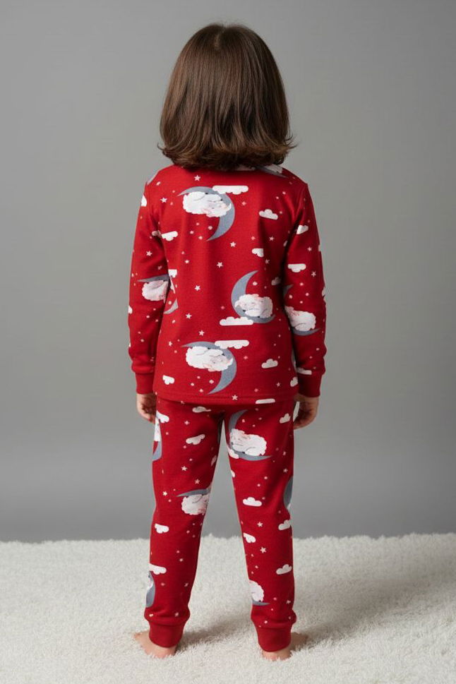 Kız Çocuk Kirmizi Baskılı Süet Pijama Takımı - 28127-KIRMIZI - 3