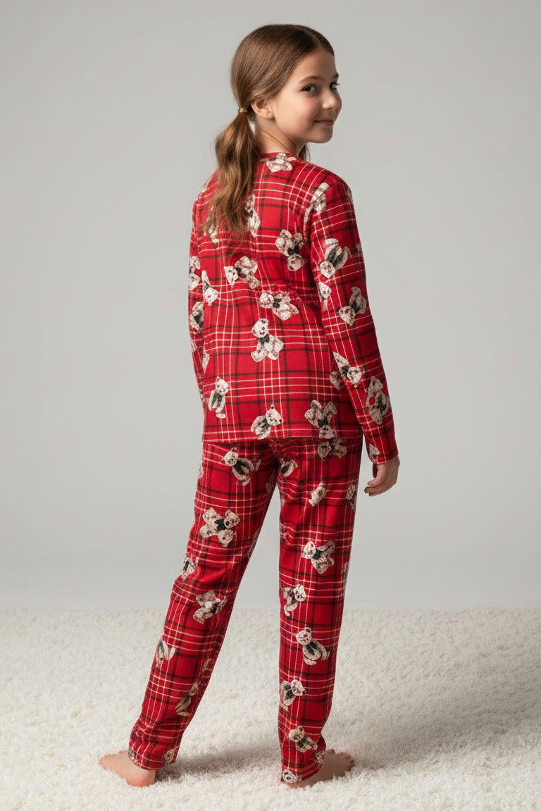 Kız Çocuk Kirmizi Baskılı Süet Pijama Takımı - 28128-KIRMIZI - TOFİSA