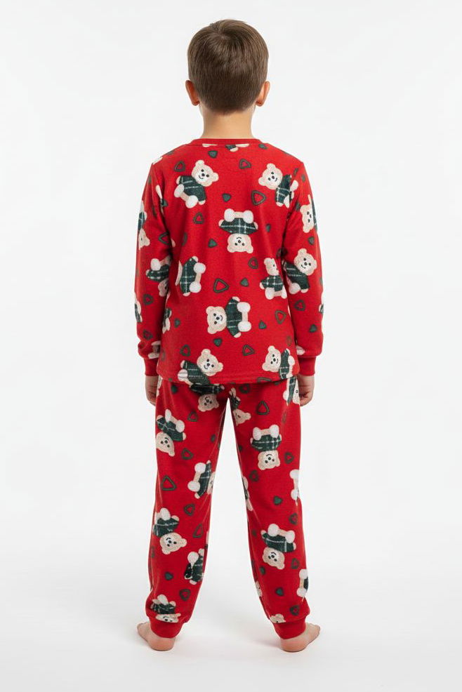 Erkek Çocuk Kirmizi Baskılı Süet Pijama Takımı - 28168-KIRMIZI - TOFİSA