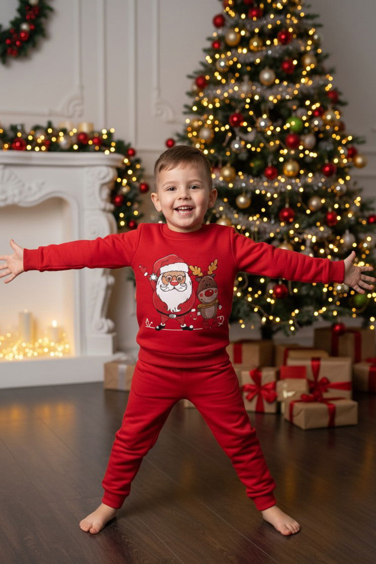 Kız Çocuk Kirmizi Baskılı Üç İplik Şardonlu Takım - 27969-KIRMIZI - 1