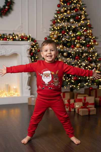 Kız Çocuk Kirmizi Baskılı Üç İplik Şardonlu Takım - 27969-KIRMIZI 