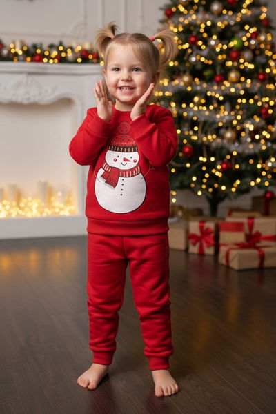 Kız Çocuk Kirmizi Baskılı Üç İplik Şardonlu Takım - 27970-KIRMIZI 