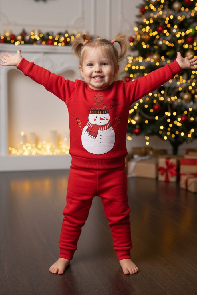 Kız Çocuk Kirmizi Baskılı Üç İplik Şardonlu Takım - 27970-KIRMIZI - 2