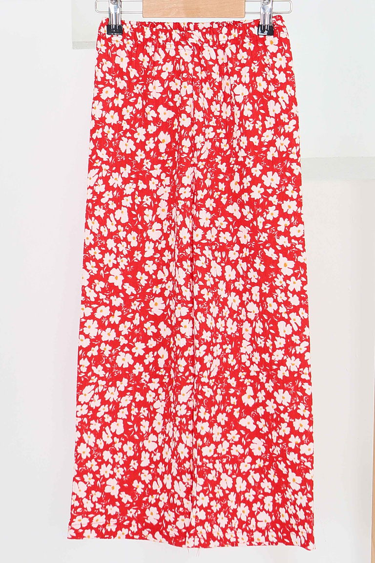 Kız Çocuk Kirmizi Çiçek Desenli Pantolon - 27308 - TOFİSA