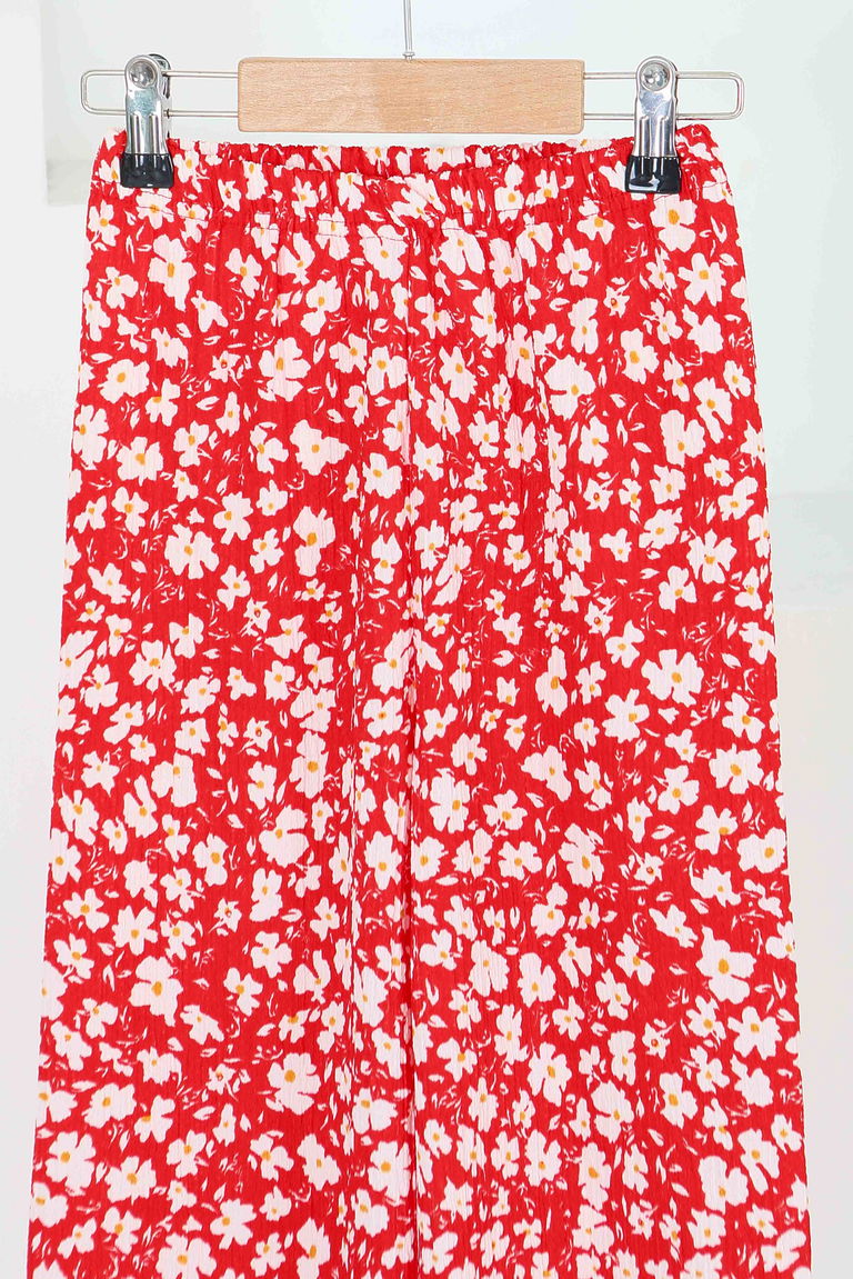 Kız Çocuk Kirmizi Çiçek Desenli Pantolon - 27308 - TOFİSA