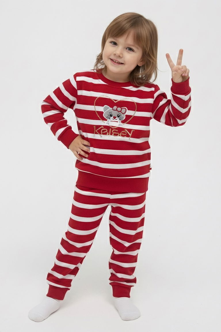 Kız Çocuk Kirmizi Çizgili Nakışlı İki İplik İkili Takım - 27976-KIRMIZI - TOFİSA