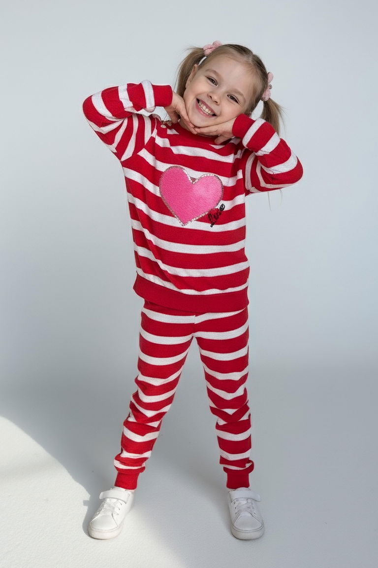 Kız Çocuk Kirmizi Çizgili Nakışlı İki İplik İkili Takım - 28010-KIRMIZI - TOFİSA