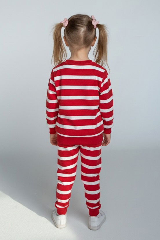 Kız Çocuk Kirmizi Çizgili Nakışlı İki İplik İkili Takım - 28010-KIRMIZI - 2