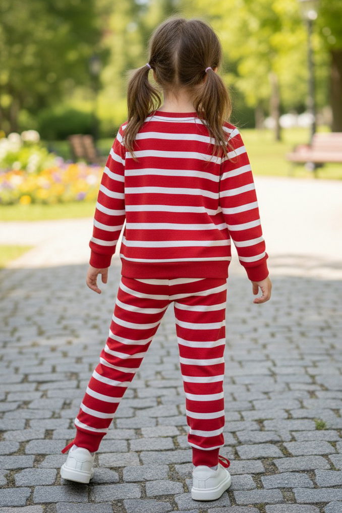 Kız Çocuk Kirmizi Çizgili Nakışlı İki İplik İkili Takım - 28011-KIRMIZI - 2