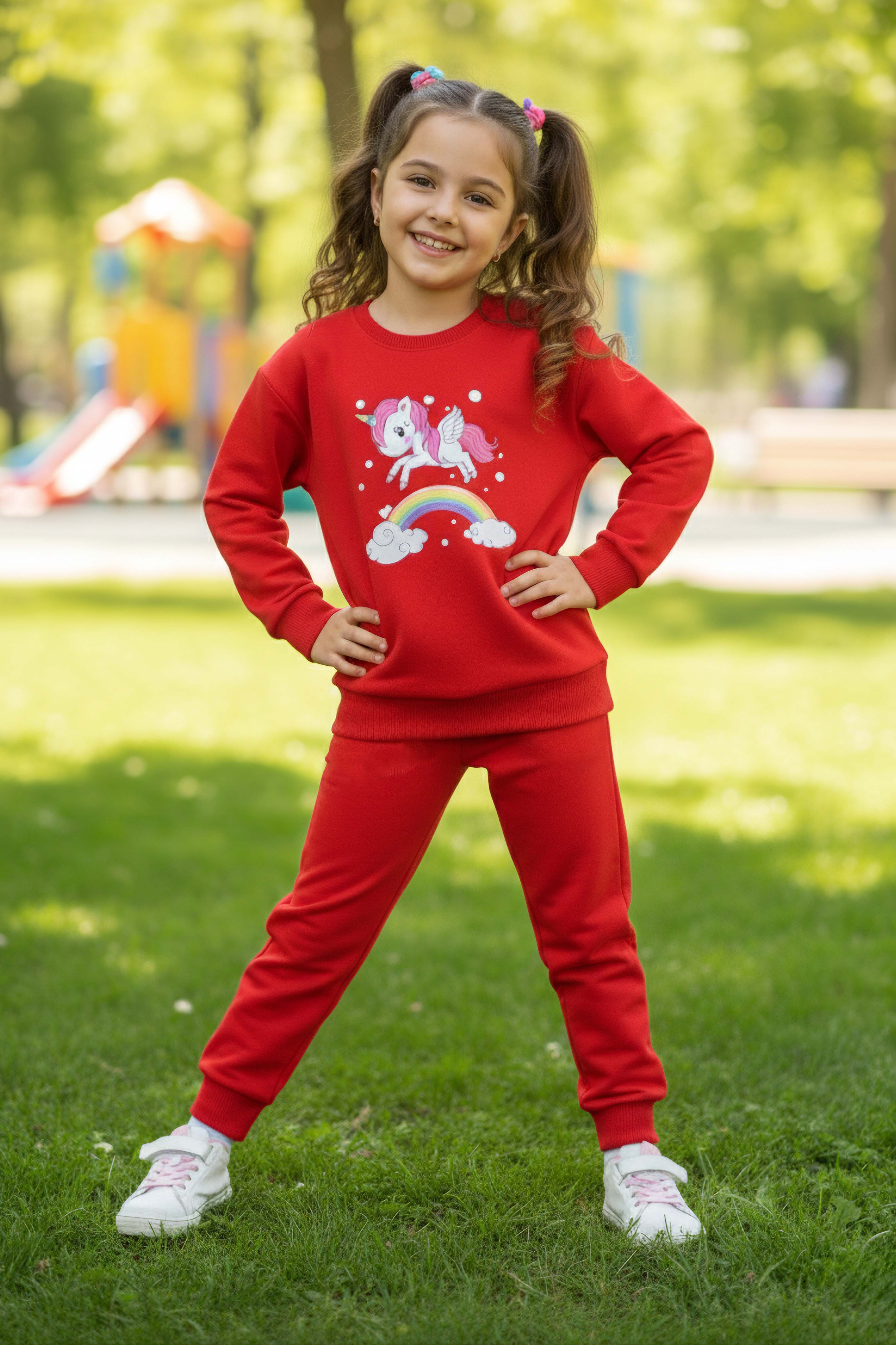 Kız Çocuk Kirmizi Gök Kuşağı Baskılı İki İplik Takım - 28290-KIRMIZI - 2