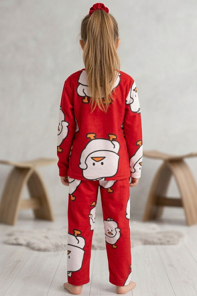 Kız Çocuk Kirmizi Kuş Basklı Süet Pijama Takımı - 28346-KIRMIZI - 2