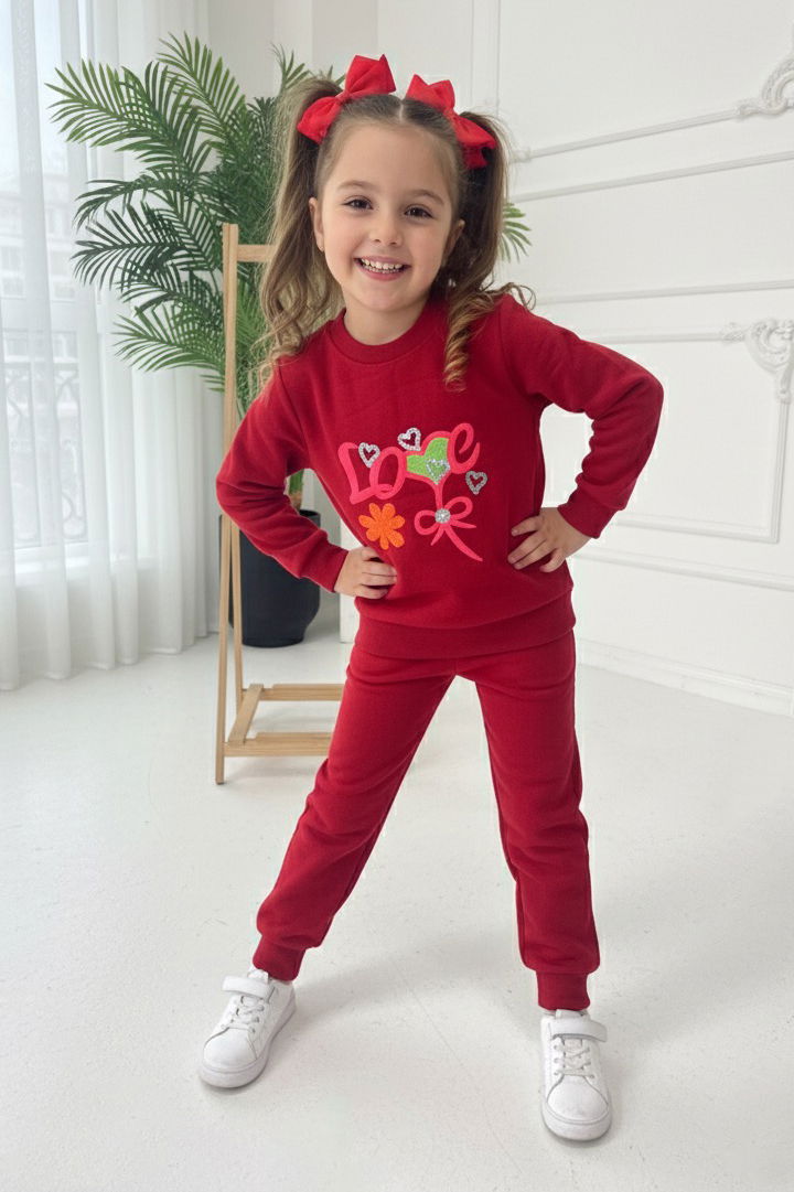 Kız Çocuk Kirmizi Nakışlı İki İplik İkili Takım - 27971-KIRMIZI - 1