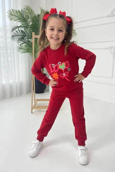 Kız Çocuk Kirmizi Nakışlı İki İplik İkili Takım - 27971-KIRMIZI 