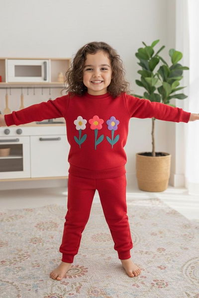 Kız Çocuk Kirmizi Nakışlı İki İplik İkili Takım - 27972-KIRMIZI 