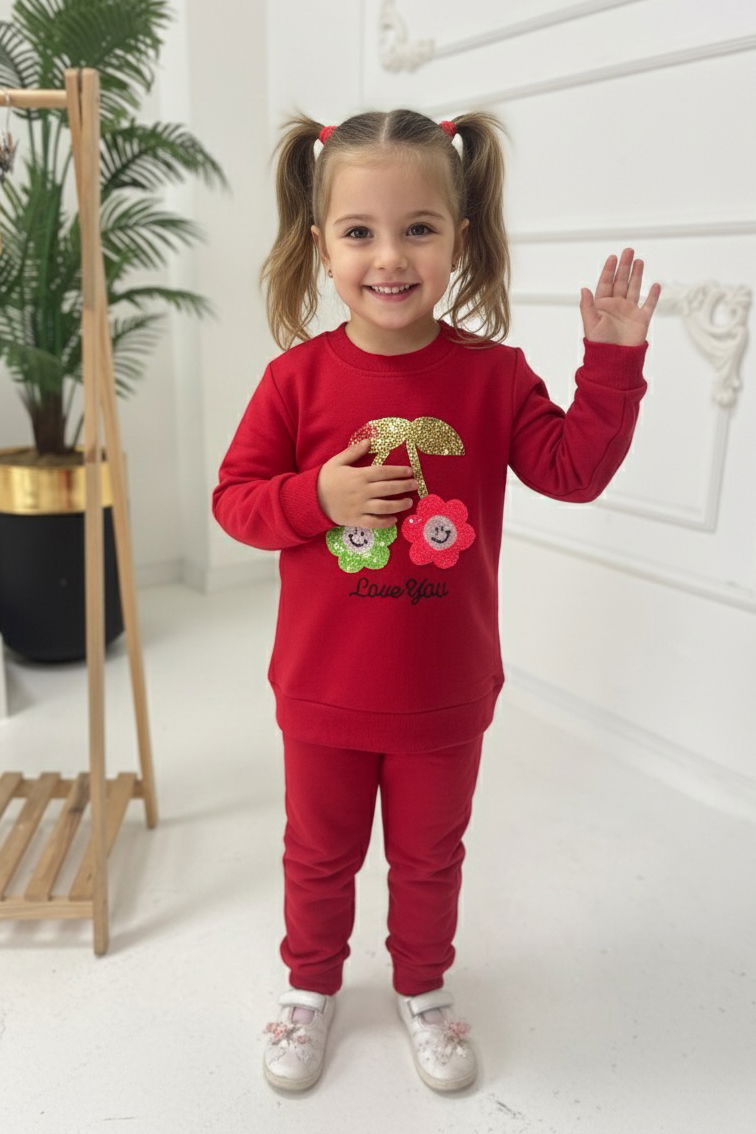 Kız Çocuk Kirmizi Nakışlı İki İplik İkili Takım - 27973-KIRMIZI - 1