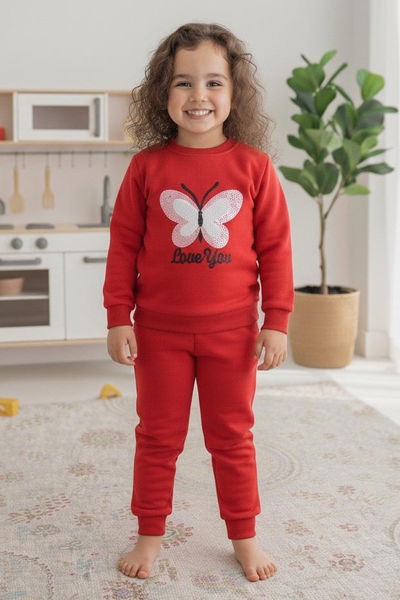 Kız Çocuk Kirmizi Nakışlı İki İplik İkili Takım - 27974-KIRMIZI 