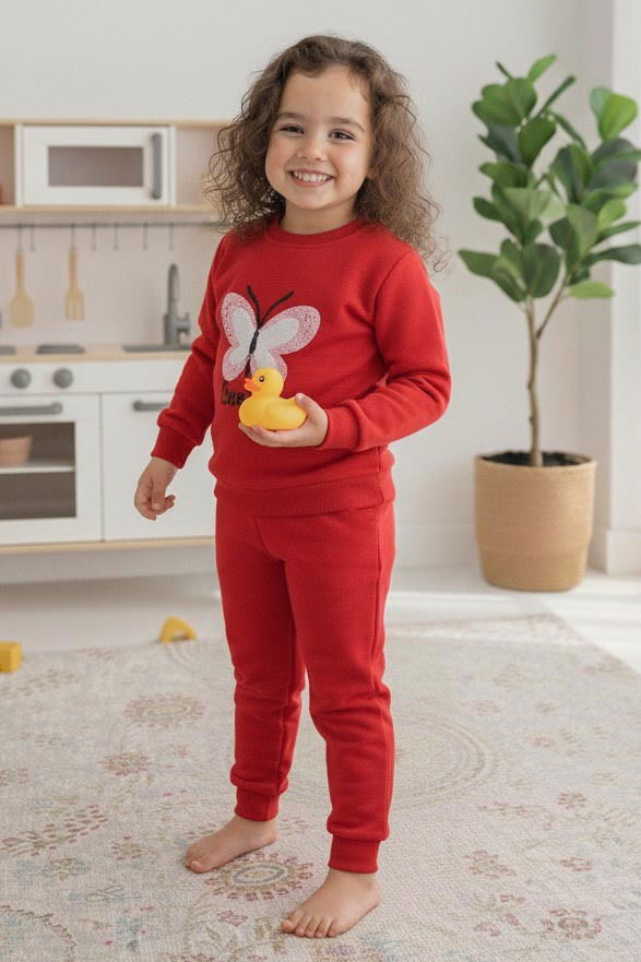 Kız Çocuk Kirmizi Nakışlı İki İplik İkili Takım - 27974-KIRMIZI - TOFİSA