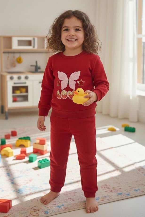 Kız Çocuk Kirmizi Nakışlı İki İplik İkili Takım - 27975-KIRMIZI - TOFİSA