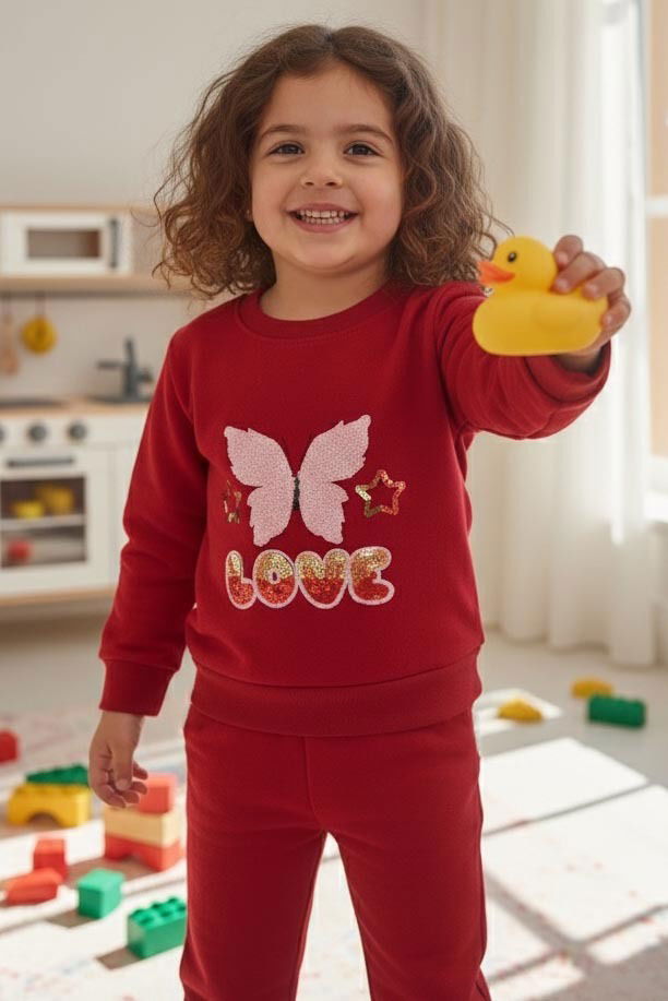 Kız Çocuk Kirmizi Nakışlı İki İplik İkili Takım - 27975-KIRMIZI - 1