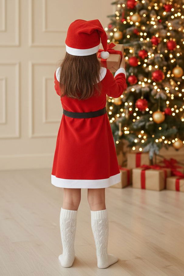 Kız Çocuk Kirmizi Noel Kız Elbisesi - 28098-KIRMIZI - TOFİSA