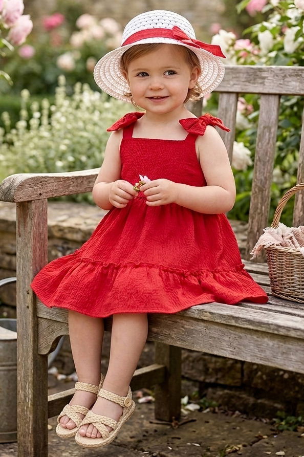 Kız Çocuk Kirmizi Şapkalı Bürümcük Elbise - 28350-KIRMIZI - 1