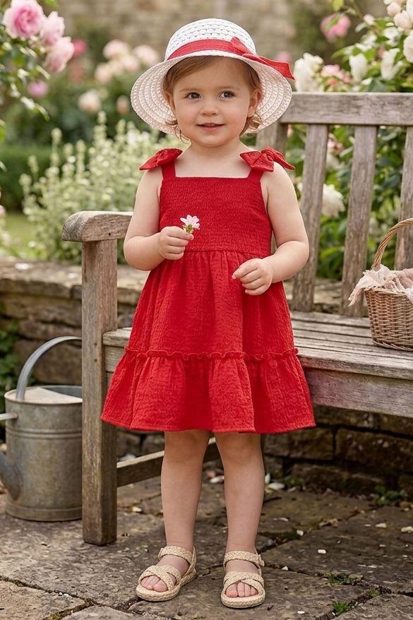 Kız Çocuk Kirmizi Şapkalı Bürümcük Elbise - 28350-KIRMIZI - 2