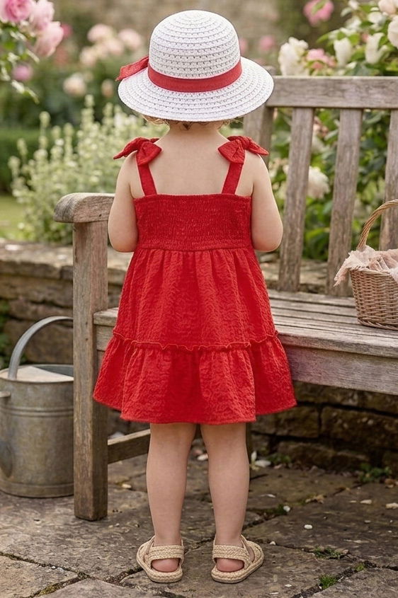 Kız Çocuk Kirmizi Şapkalı Bürümcük Elbise - 28350-KIRMIZI - 3